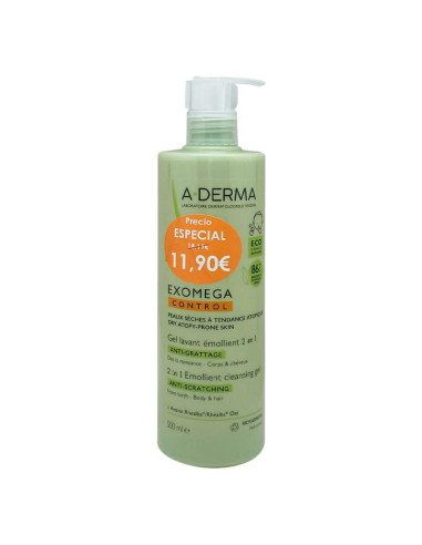 A-DERMA EXOMEGA CONTROL GEL LIMPIADOR EMOLIENTE 2 EN 1 ANTI-IRRITACIÓN, 500 ML