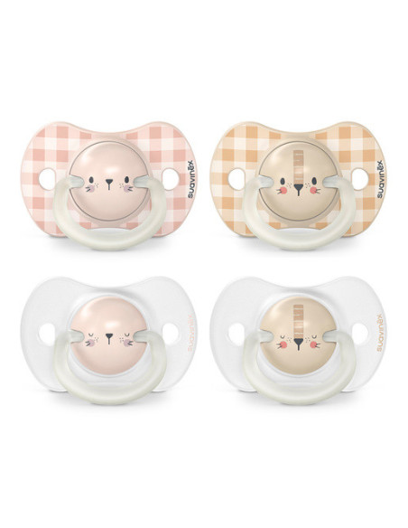 SUAVINEX 2 CHUPETES NOCTURNOS TETINA FISIOLÓGICA DE SILICONA SX PRO ROSA, 0-6 M